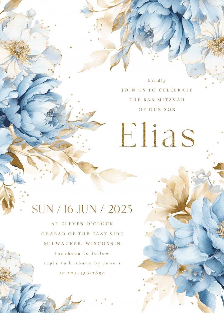 Blue blooms - bar & bat mitzvah invitation